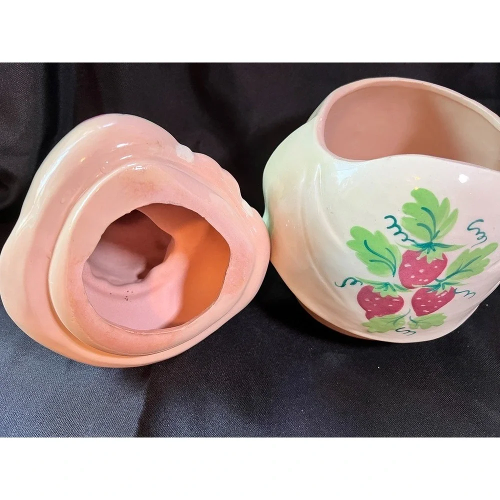Vintage American Bisque Strawberry Girl Cookie Jar Pink Dress Hand Painted 1940s